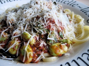 Broad Beans, pancetta, tomato and pasta